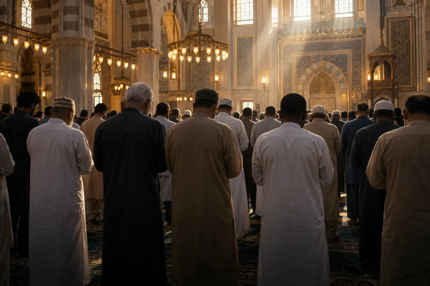 A congregation standing in prayer in a sunlit mosque